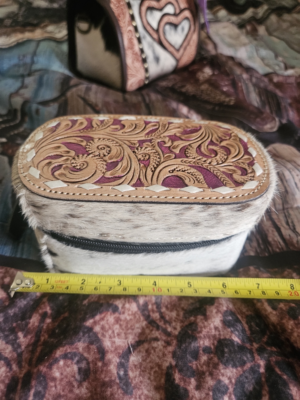 Tooled Leather & Hair-on Hide Oval Trinket Box - Purple Accent
